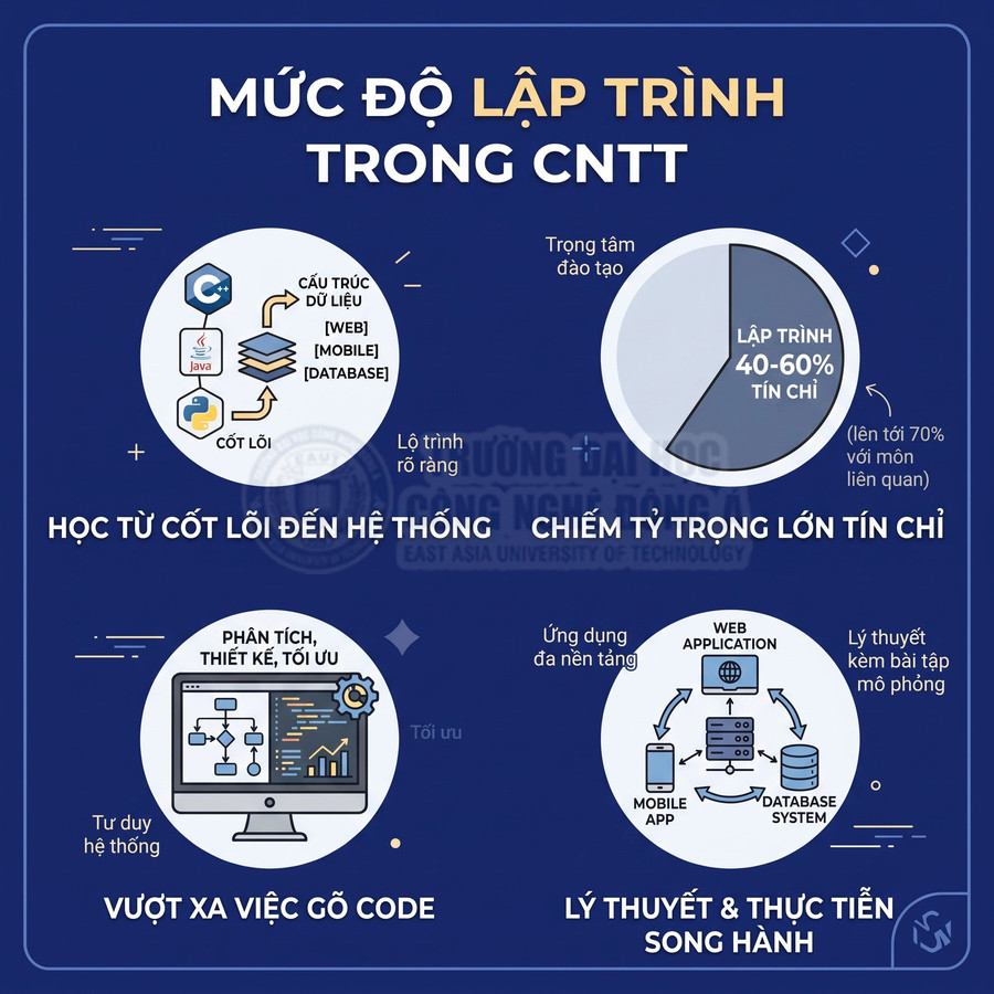 Infographic giới thiệu mức độ lập trình trong ngành CNTT với lộ trình học, tỷ lệ tín chỉ và ứng dụng thực tiễn