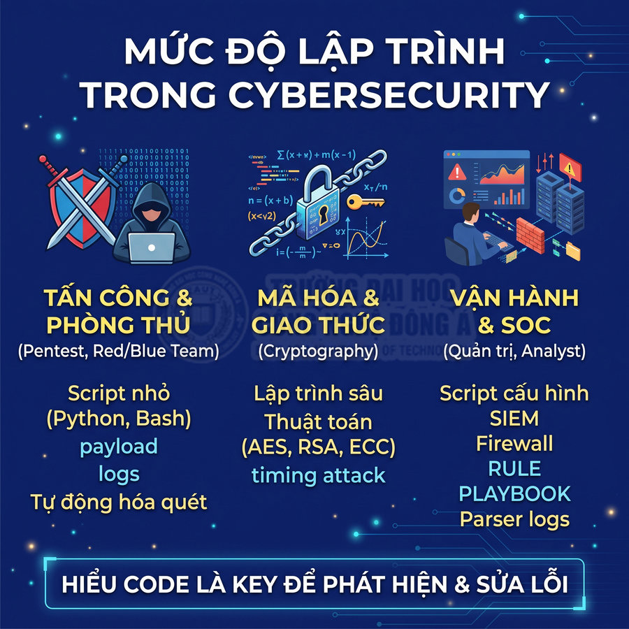 Infographic mức độ lập trình trong cybersecurity với tấn công phòng thủ, mã hóa giao thức và vận hành SOC