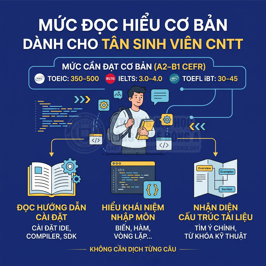 Mức đọc hiểu tiếng Anh cơ bản cần có cho tân sinh viên CNTT với yêu cầu TOEIC IELTS TOEFL