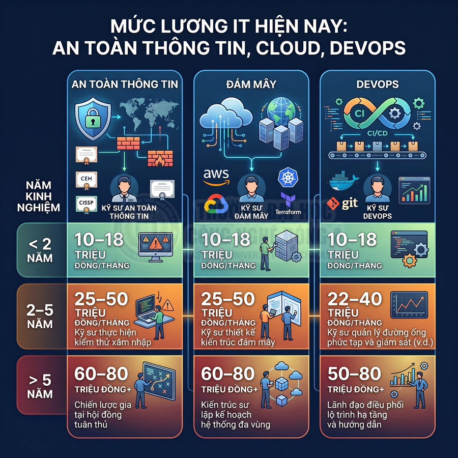 Infographic mức lương IT tại Việt Nam cho ngành an toàn thông tin, đám mây và DevOps theo số năm kinh nghiệm
