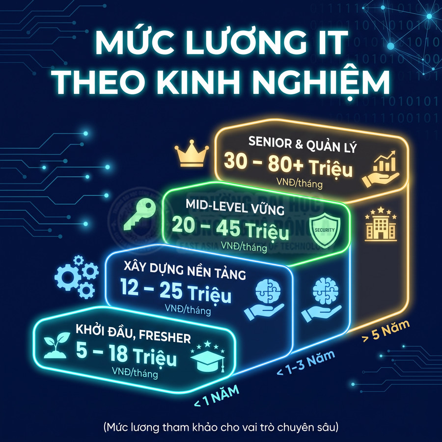 Bảng mức lương IT tại Việt Nam theo kinh nghiệm từ fresher đến senior và quản lý, hiển thị khoảng lương VNĐ tháng