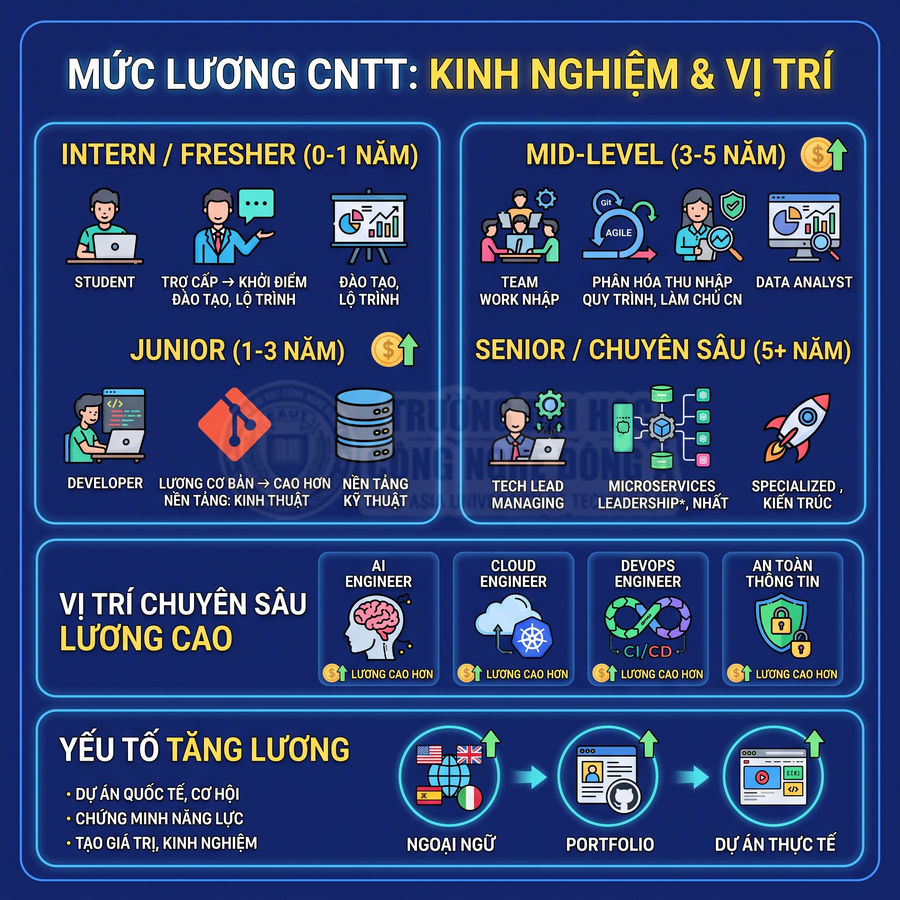 Infographic mức lương ngành CNTT theo kinh nghiệm, vị trí và yếu tố tăng lương như ngoại ngữ, portfolio, dự án thực tế