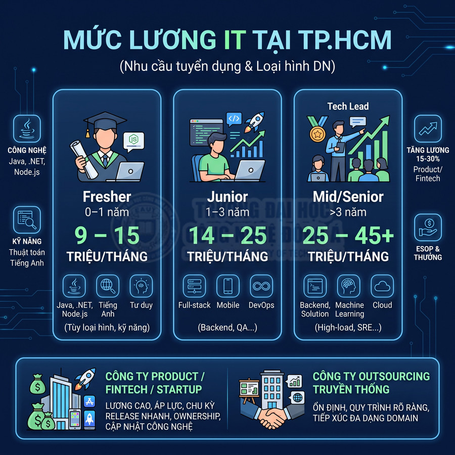 Bảng mức lương IT tại TP.HCM cho Fresher, Junior, Mid Senior và Tech Lead theo kinh nghiệm và kỹ năng