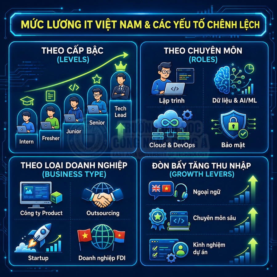 Infographic mức lương IT Việt Nam theo cấp bậc, chuyên môn, loại doanh nghiệp và các yếu tố tăng thu nhập