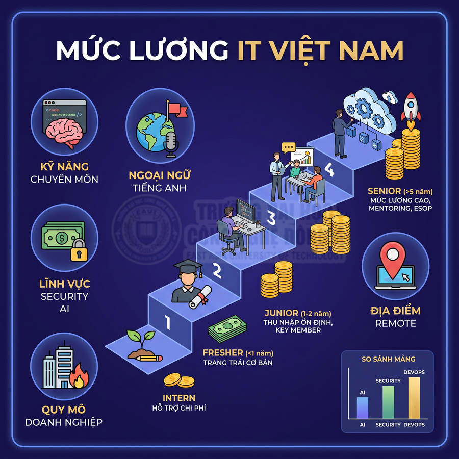 Infographic mức lương IT Việt Nam theo cấp bậc intern, fresher, junior, senior và các yếu tố kỹ năng, ngoại ngữ, lĩnh vực
