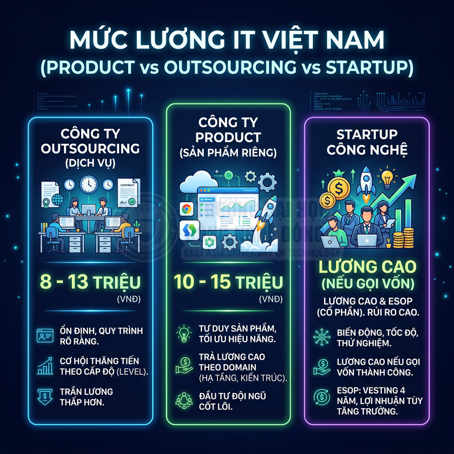 Infographic so sánh mức lương IT Việt Nam giữa công ty outsourcing, công ty product và startup công nghệ