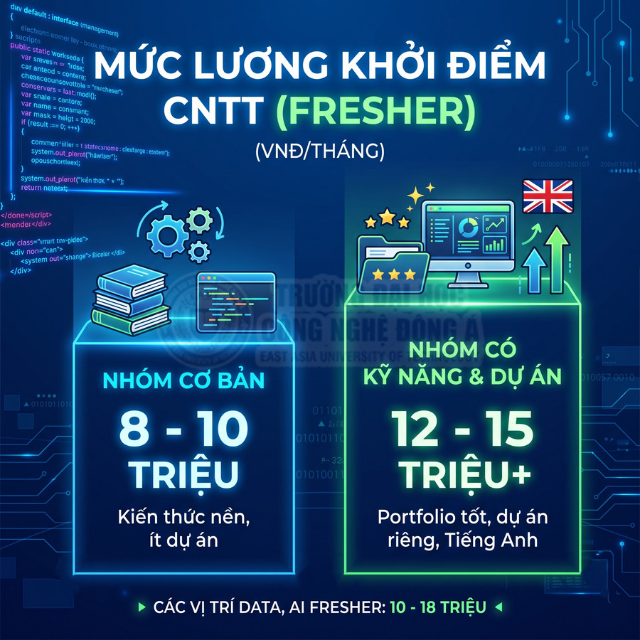 Infographic mức lương khởi điểm fresher ngành CNTT, so sánh nhóm cơ bản và nhóm có kỹ năng dự án