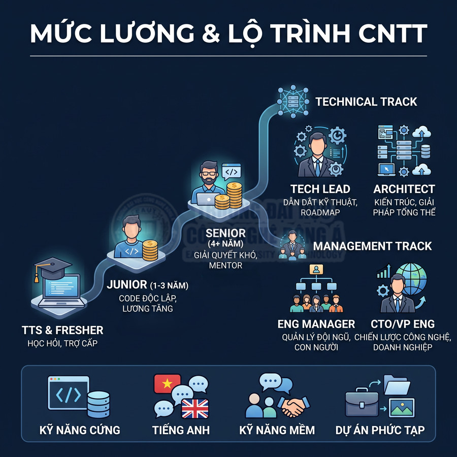 Lộ trình nghề nghiệp và mức lương ngành CNTT từ thực tập sinh đến CTO với các kỹ năng cần thiết