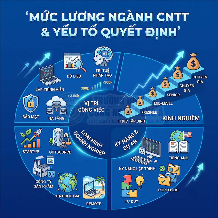 Infographic mức lương ngành CNTT và các yếu tố quyết định như vị trí, kinh nghiệm, kỹ năng, loại hình doanh nghiệp