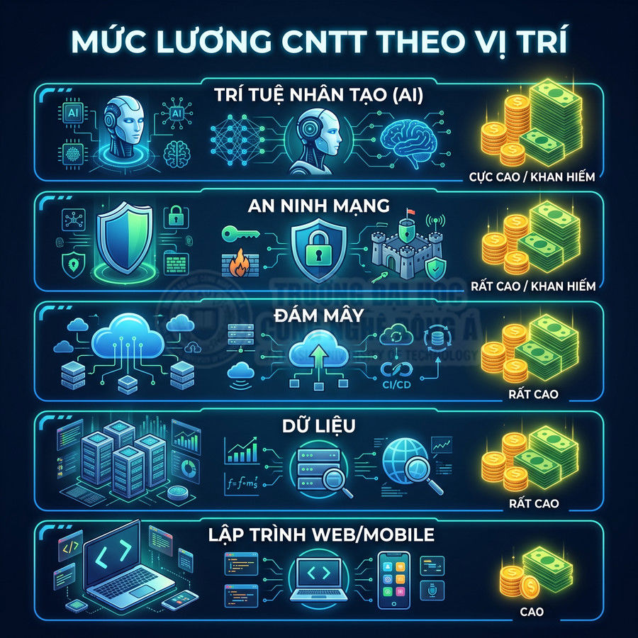 Mức lương ngành CNTT theo vị trí AI an ninh mạng đám mây dữ liệu lập trình web mobile minh họa bằng icon và tiền