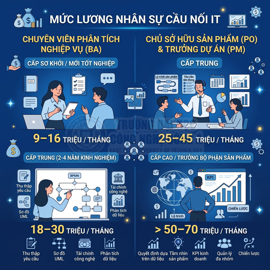 Infographic mức lương nhân sự IT cho BA, PO, PM theo cấp bậc và kinh nghiệm tại Việt Nam