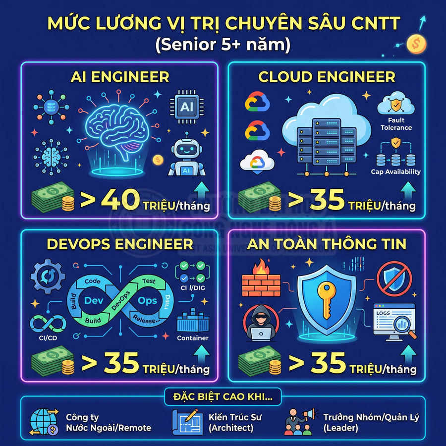 Infographic mức lương cao cho các vị trí AI engineer, cloud engineer, devops và an toàn thông tin trong ngành CNTT