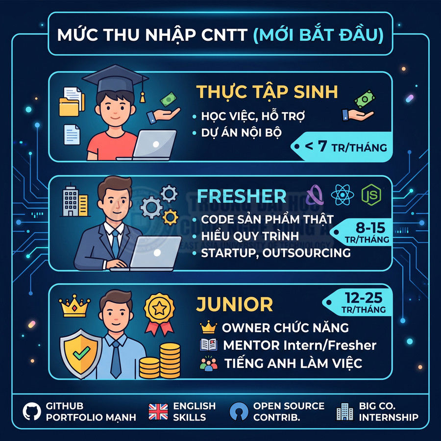 Infographic mức lương ngành CNTT cho thực tập sinh fresher junior và kỹ năng cần có