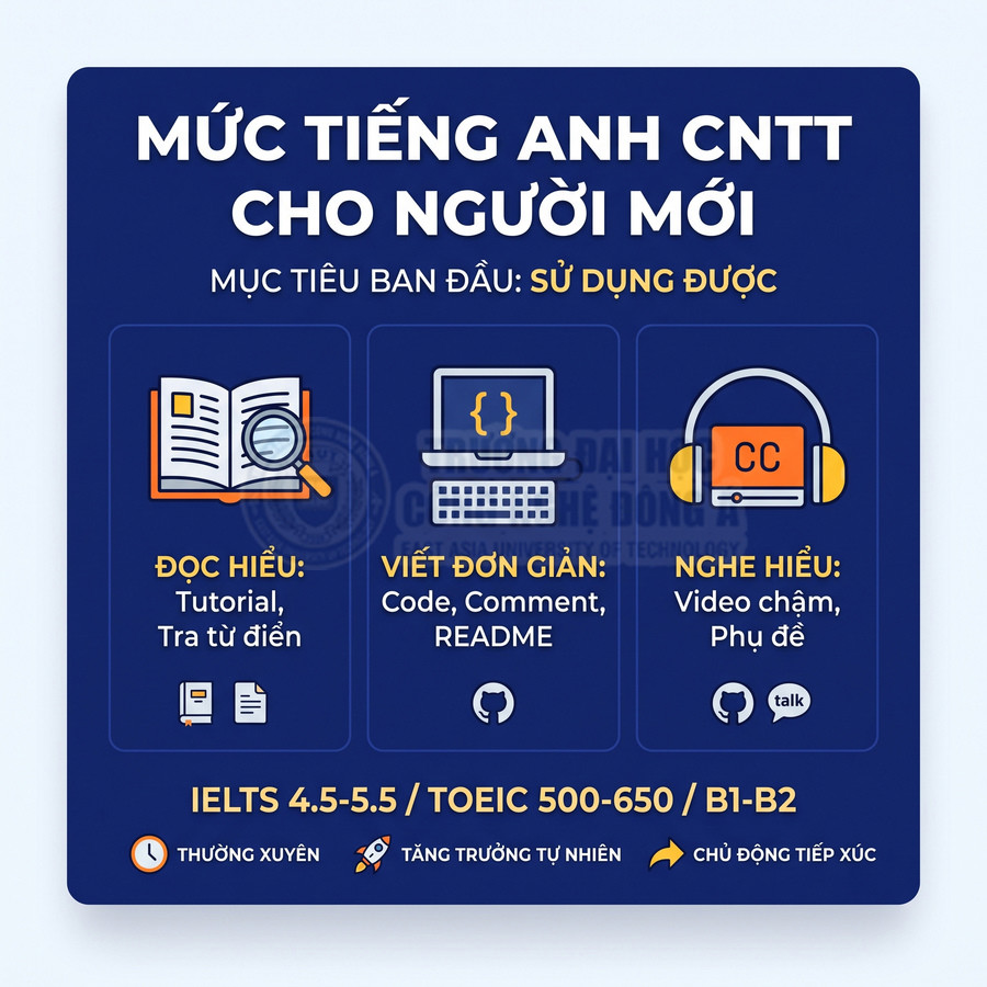 Infographic mức tiếng Anh CNTT cho người mới với mục tiêu đọc hiểu, viết đơn giản và nghe hiểu nội dung kỹ thuật