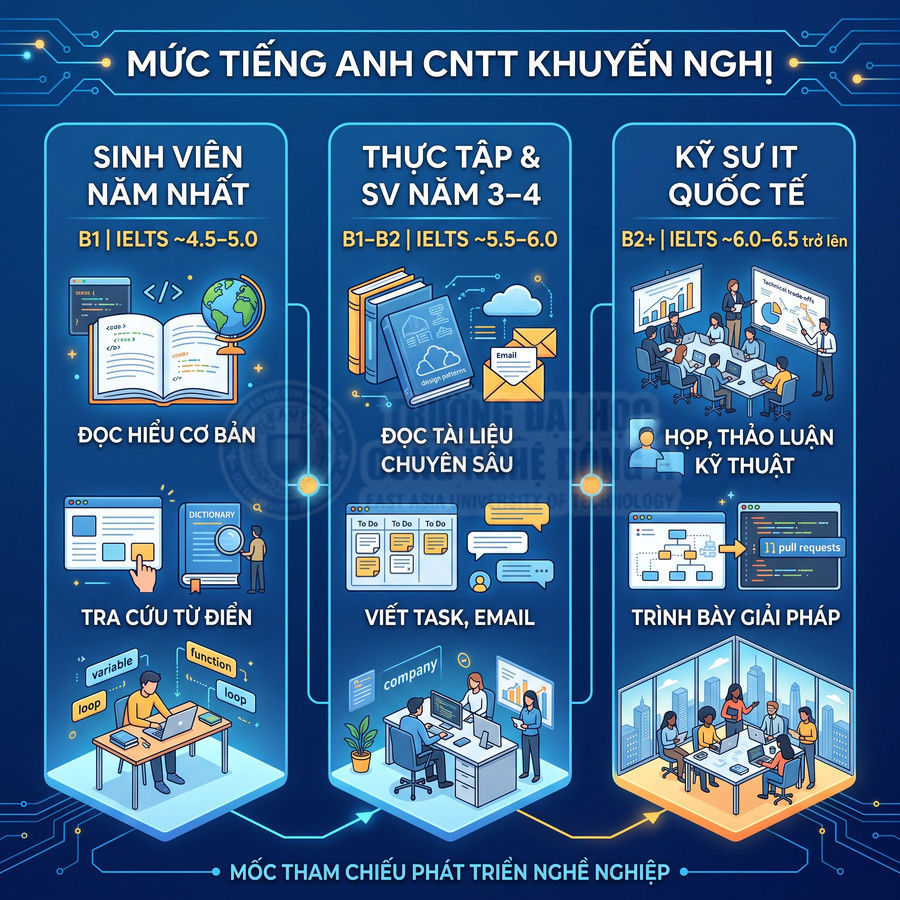 Mức tiếng Anh CNTT khuyến nghị cho sinh viên và kỹ sư IT qua từng giai đoạn phát triển nghề nghiệp