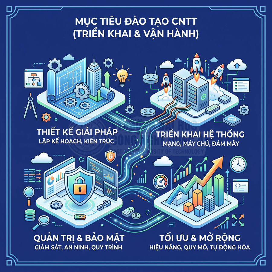 Infographic mục tiêu đào tạo CNTT triển khai vận hành với thiết kế giải pháp, triển khai hệ thống, quản trị bảo mật, tối ưu mở rộng