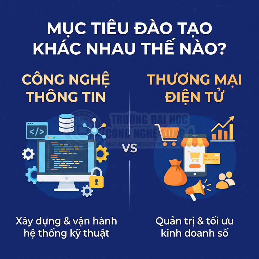 So sánh mục tiêu đào tạo Công nghệ thông tin với Thương mại điện tử về kỹ thuật và kinh doanh số