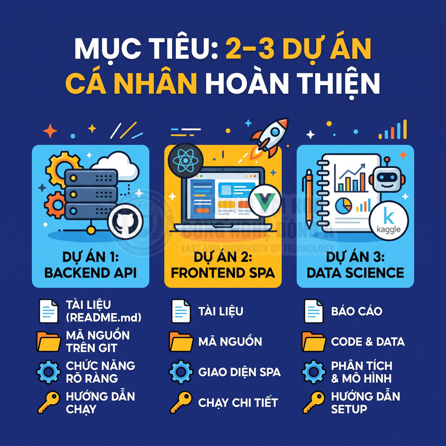 Mục tiêu hoàn thành 2 3 dự án cá nhân backend API frontend SPA và data science với tài liệu mã nguồn báo cáo