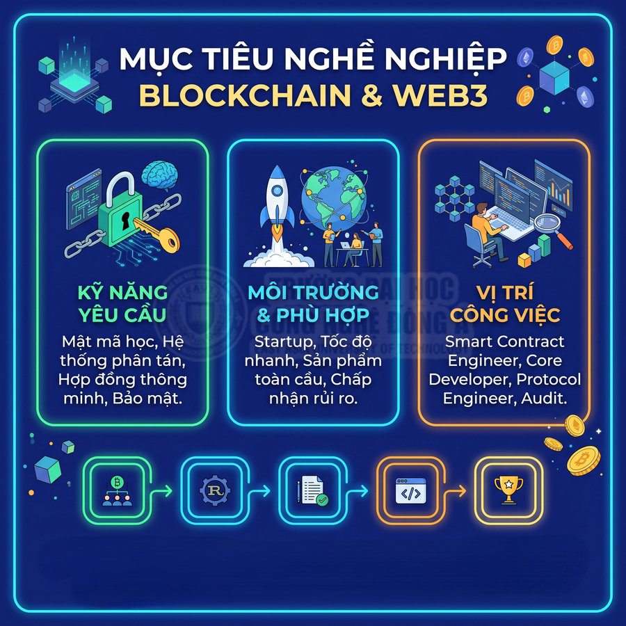 Infographic tiếng Việt giới thiệu mục tiêu nghề nghiệp blockchain và web3, kỹ năng yêu cầu, môi trường phù hợp và vị trí công việc