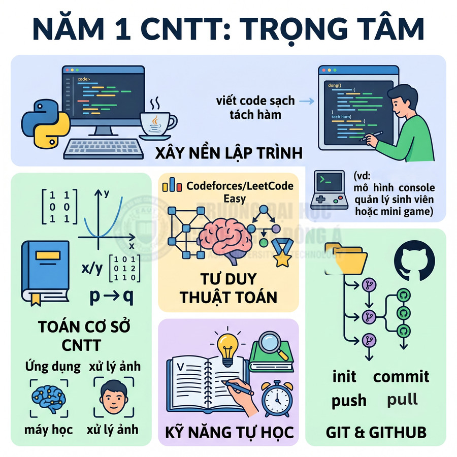 Infographic kỹ năng cần học năm 1 CNTT gồm lập trình, toán cơ sở, tư duy thuật toán, tự học và Git GitHub