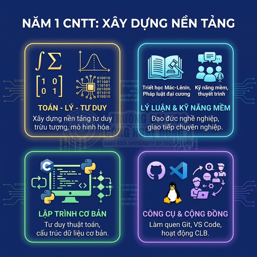 Nội dung chương trình năm 1 ngành CNTT với các môn toán lý, lập trình cơ bản, kỹ năng mềm và công cụ lập trình