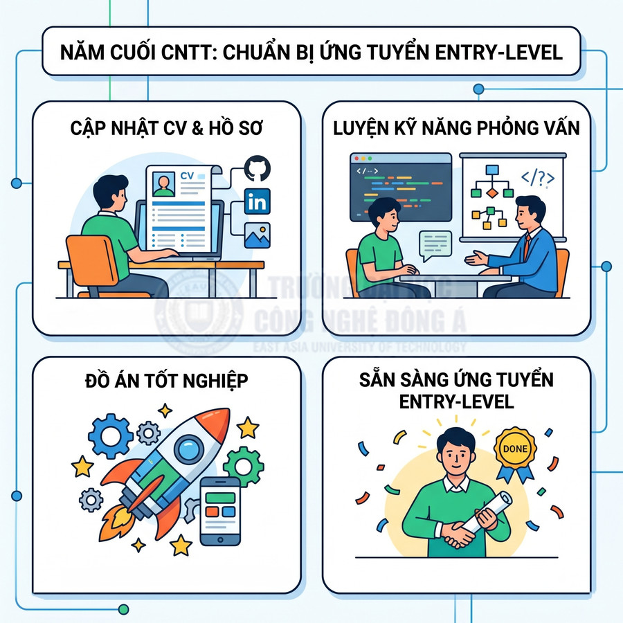 Infographic chuẩn bị sinh viên CNTT năm cuối ứng tuyển entry level với CV, phỏng vấn, đồ án tốt nghiệp và nhận bằng