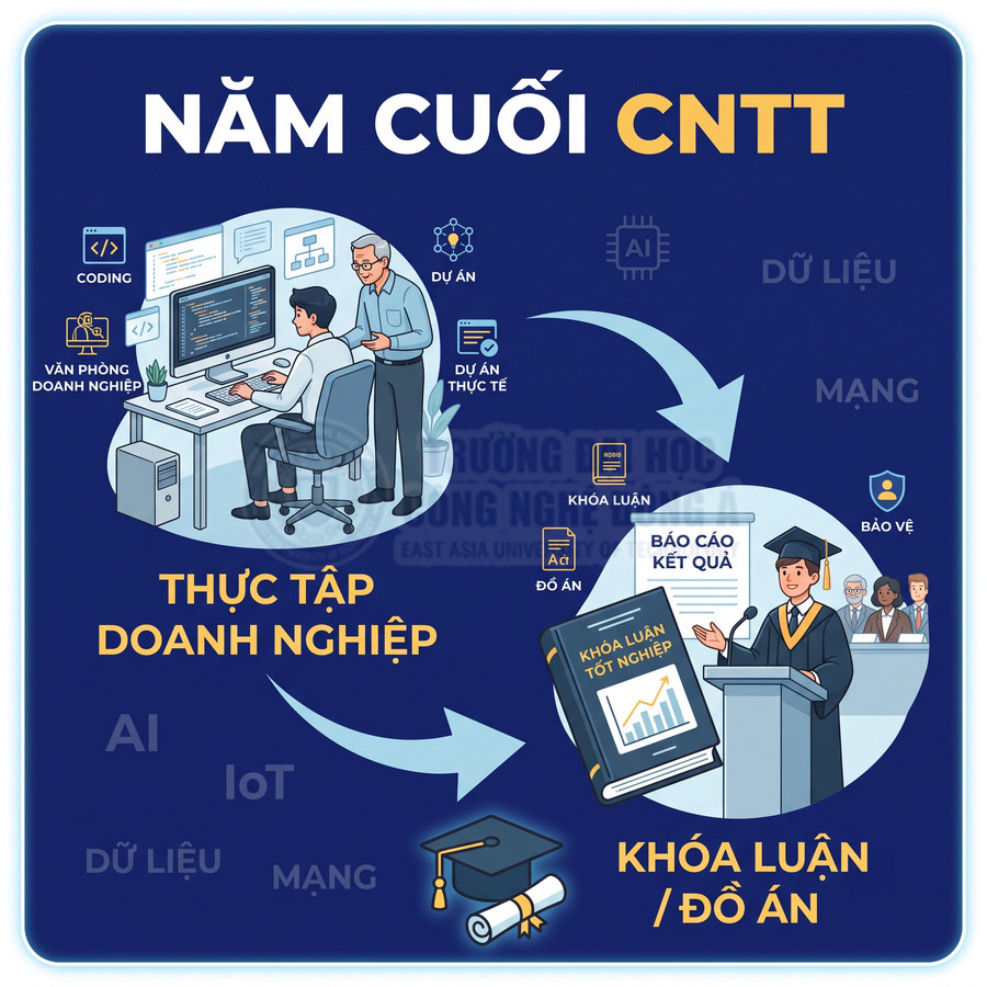 Infographic lộ trình năm cuối ngành CNTT với thực tập doanh nghiệp và làm khóa luận tốt nghiệp