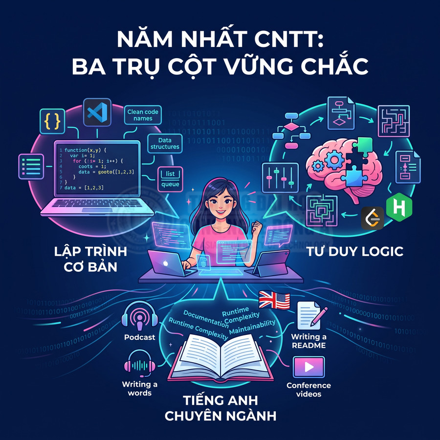 Sinh viên CNTT năm nhất học lập trình cơ bản, tư duy logic và tiếng Anh chuyên ngành trên máy tính