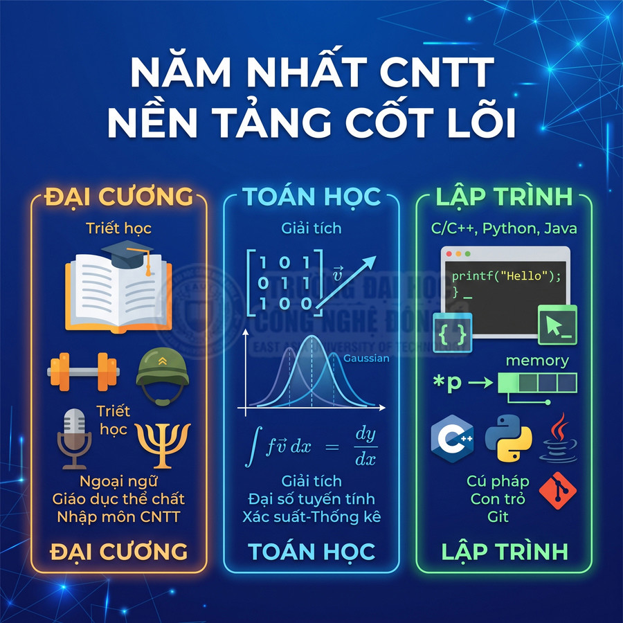 Infographic các môn nền tảng năm nhất CNTT gồm đại cương, toán học và lập trình C C++ Python Java