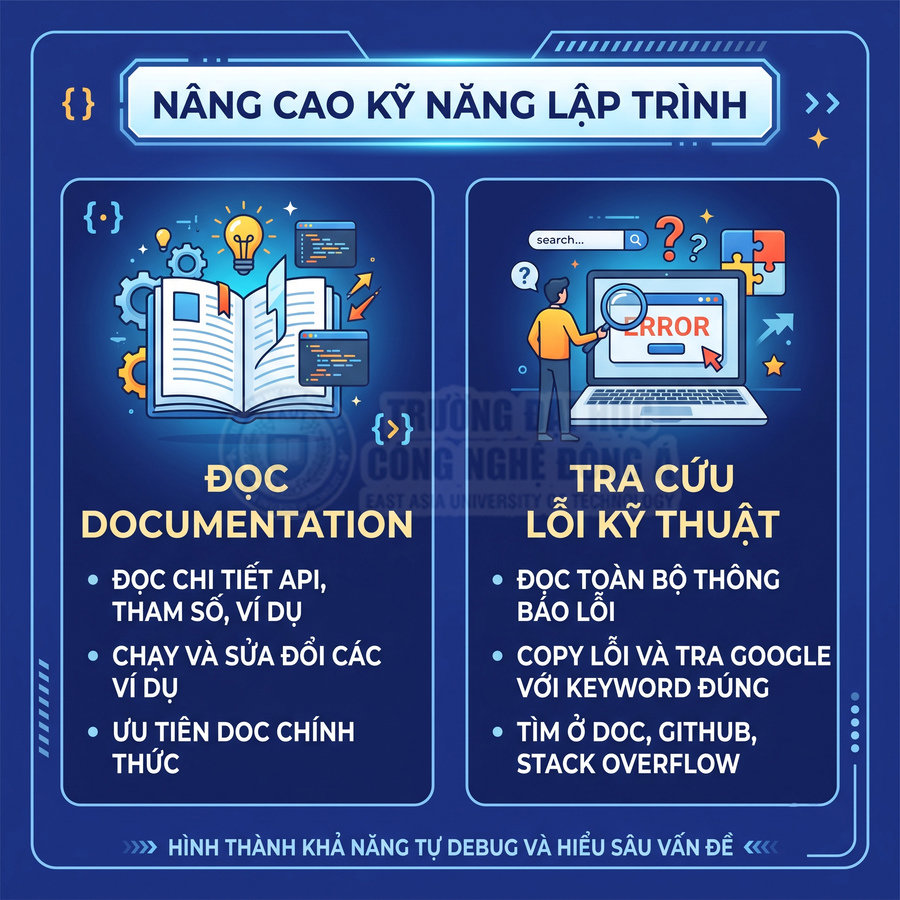Infographic hướng dẫn nâng cao kỹ năng lập trình bằng đọc documentation và tra cứu lỗi kỹ thuật trên máy tính