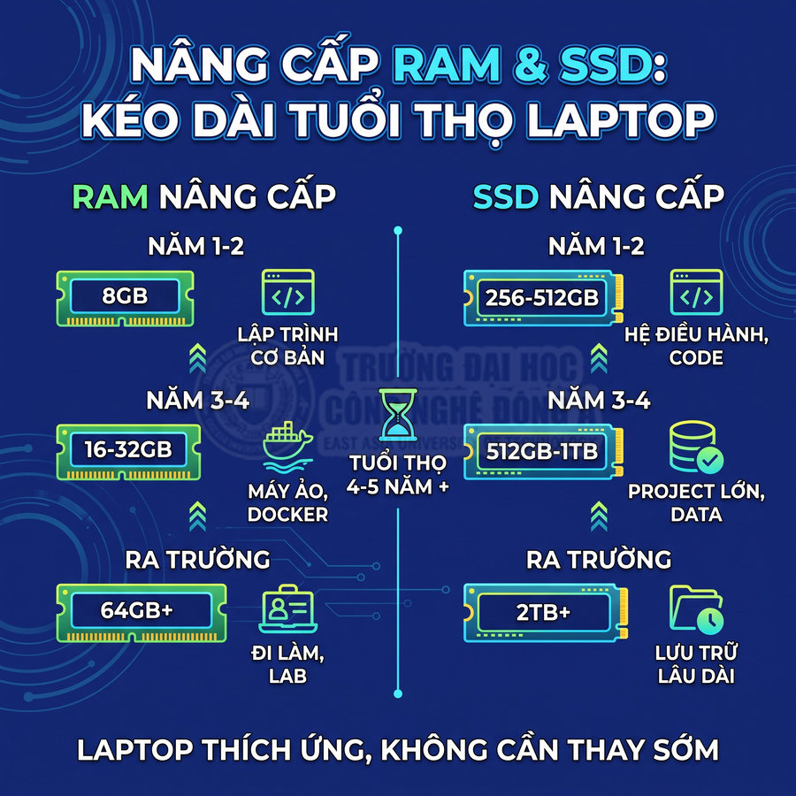 Infographic hướng dẫn nâng cấp RAM và SSD laptop theo từng giai đoạn học và làm việc để kéo dài tuổi thọ máy