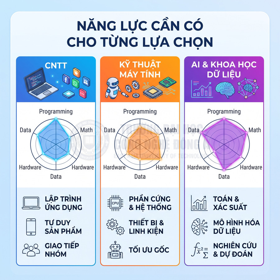 So sánh năng lực cần có cho CNTT, Kỹ thuật máy tính và AI khoa học dữ liệu với biểu đồ kỹ năng chi tiết