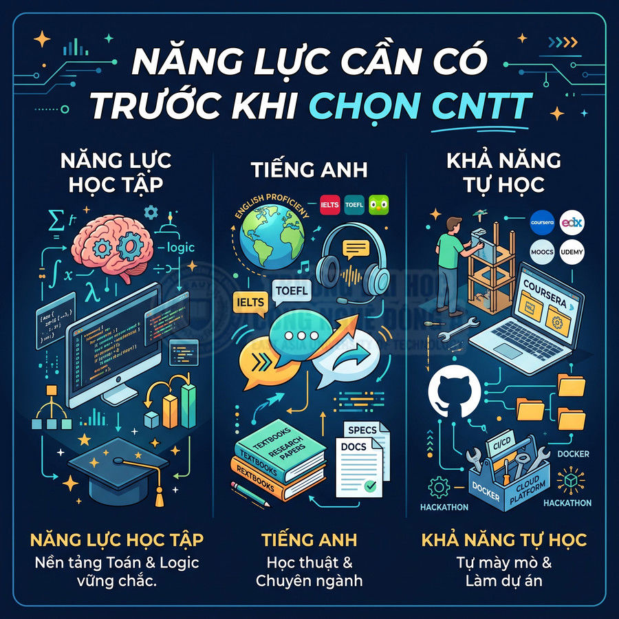 Năng lực cần có trước khi học công nghệ thông tin gồm nền tảng toán logic, tiếng Anh và khả năng tự học qua dự án