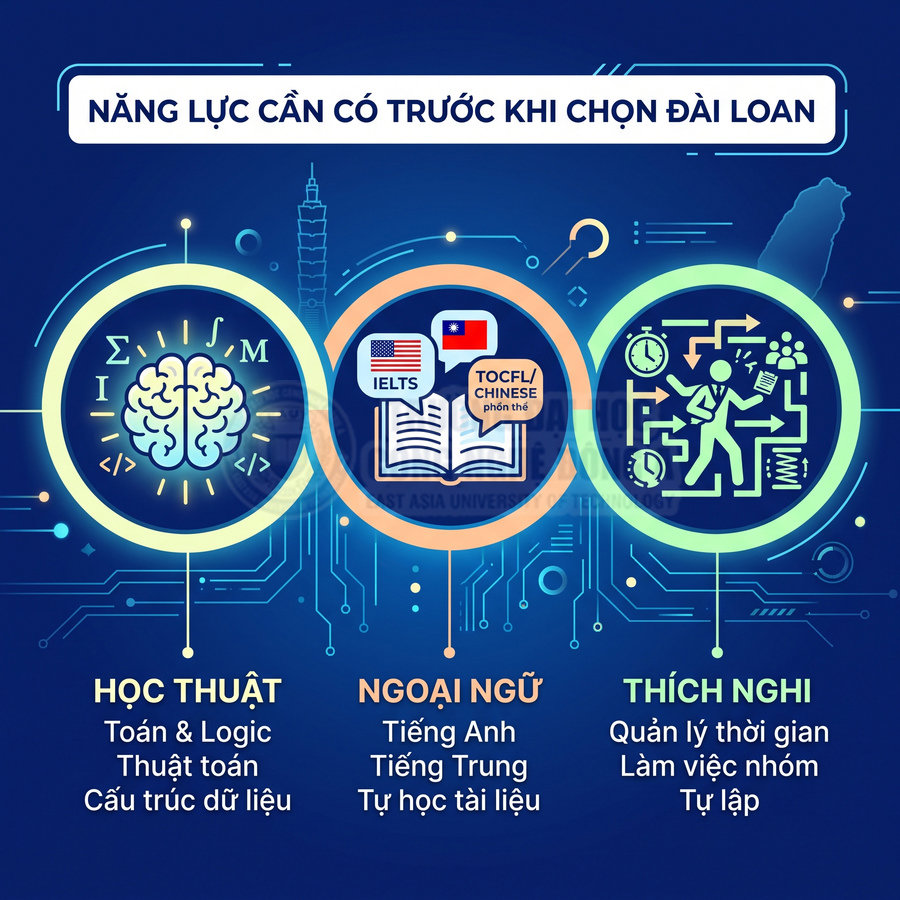 Infographic năng lực cần có trước khi du học Đài Loan về học thuật, ngoại ngữ và kỹ năng thích nghi