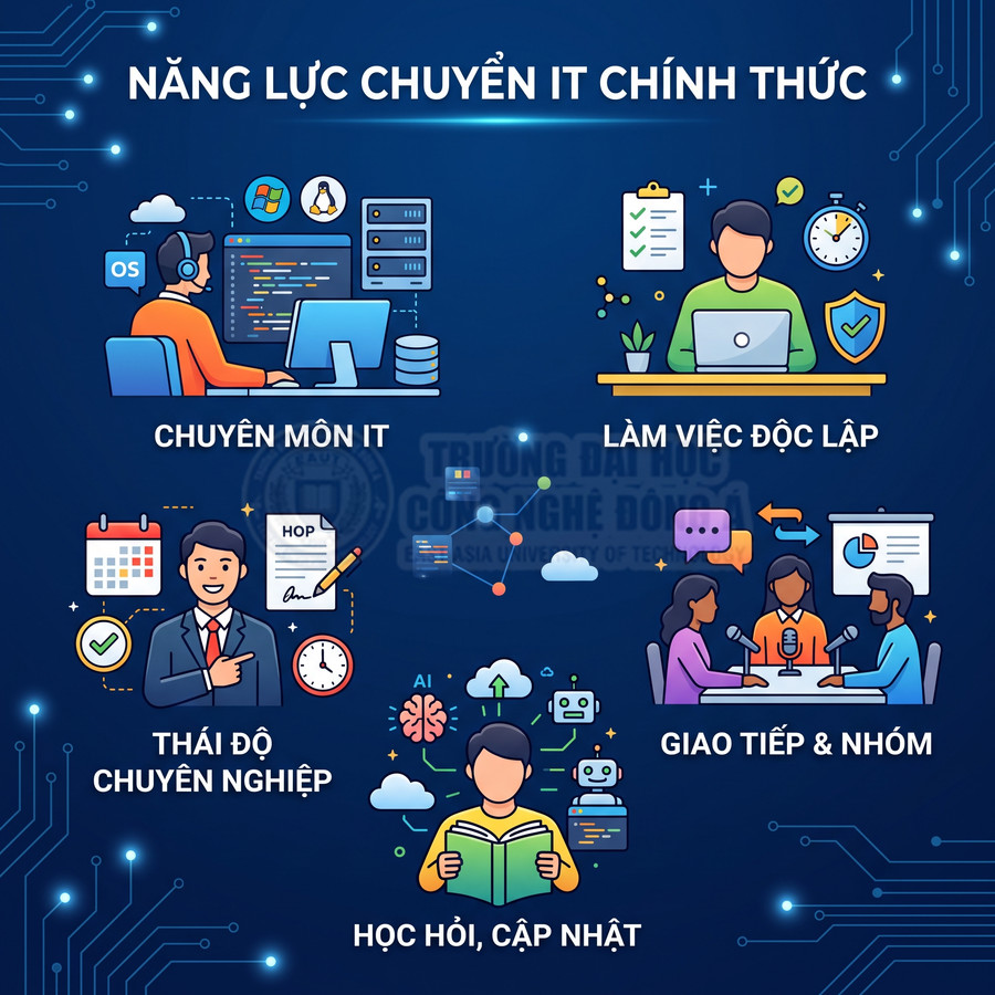 Infographic năng lực chuyển ngành IT với kỹ năng chuyên môn, làm việc độc lập, giao tiếp nhóm, thái độ chuyên nghiệp, học hỏi cập nhật