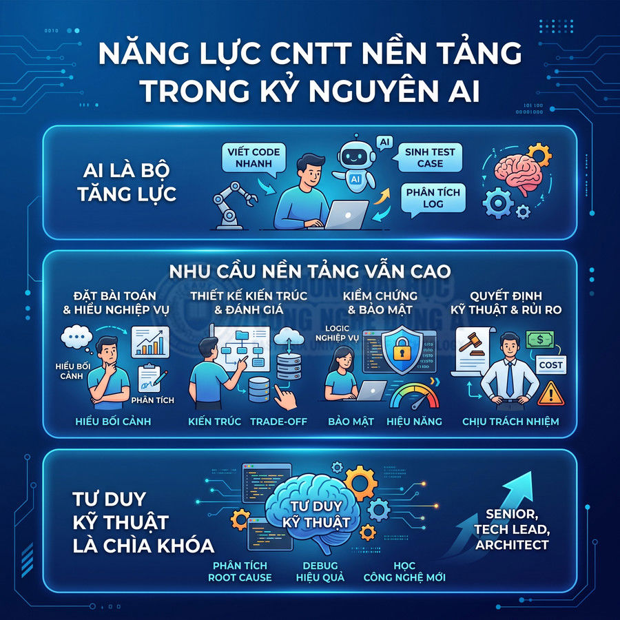 Infographic năng lực CNTT nền tảng trong kỷ nguyên AI, nhấn mạnh vai trò AI, tư duy kỹ thuật và kỹ năng bảo mật, kiến trúc hệ thống