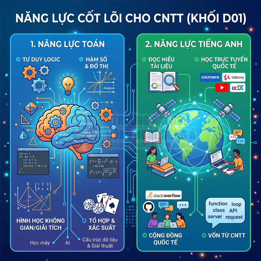 Infographic năng lực toán và tiếng Anh cốt lõi cho ngành công nghệ thông tin khối D01