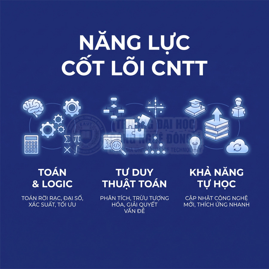 Năng lực cốt lõi CNTT gồm toán và logic, tư duy thuật toán, khả năng tự học trên nền icon minh họa
