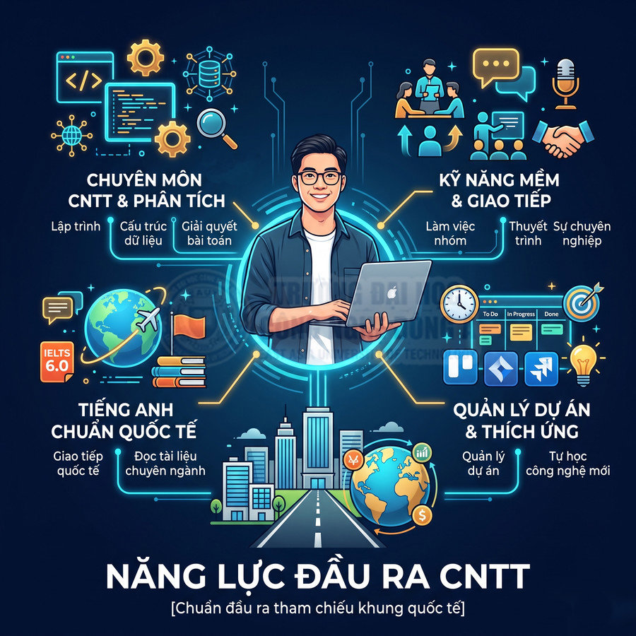 Sinh viên CNTT cầm laptop với các biểu tượng kỹ năng lập trình, tiếng Anh, quản lý dự án và kỹ năng mềm xung quanh