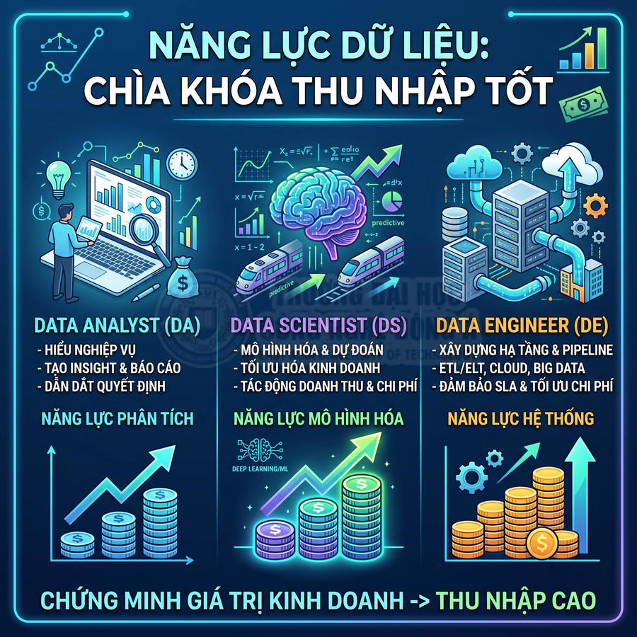 Infographic so sánh vai trò Data Analyst, Data Scientist và Data Engineer và tác động đến thu nhập cao