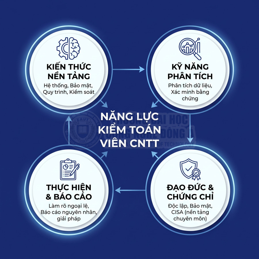 Các năng lực kiểm toán viên CNTT gồm kiến thức nền tảng, kỹ năng phân tích, thực hiện và báo cáo, đạo đức và chứng chỉ CISA