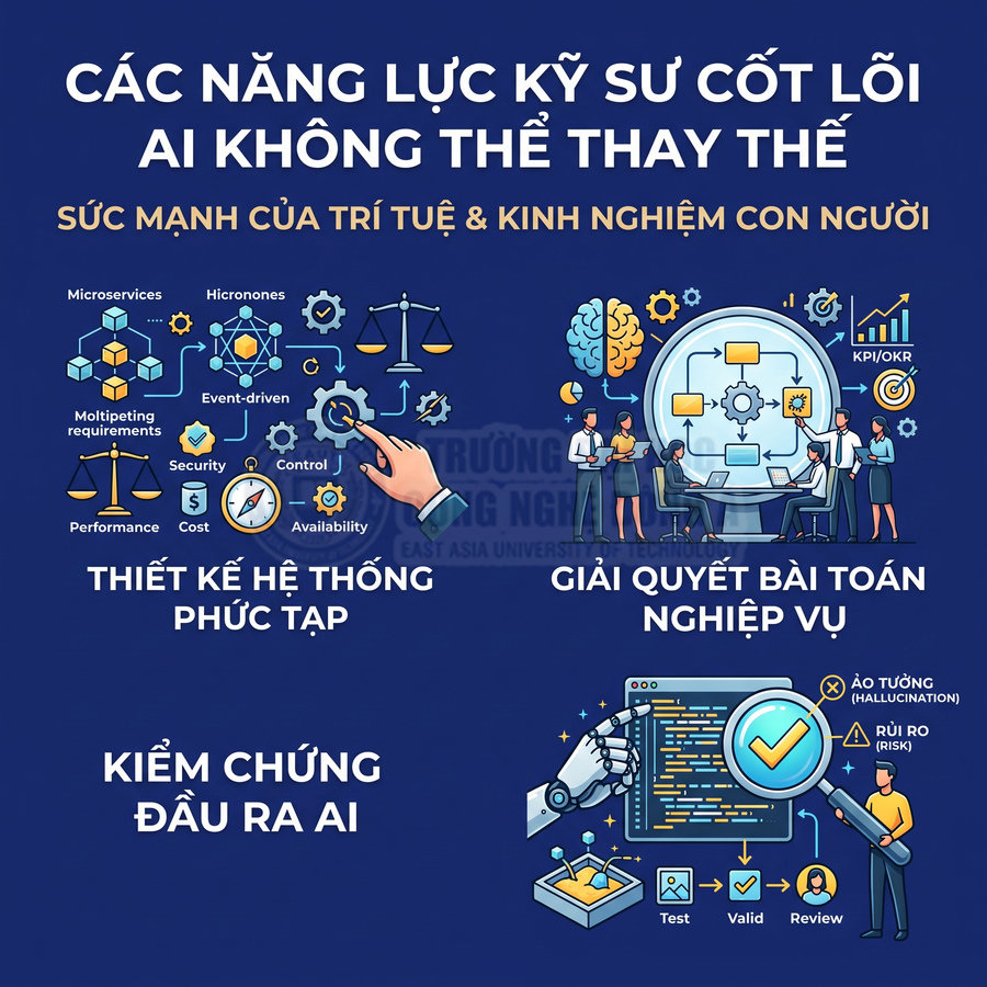 Infographic năng lực kỹ sư AI: thiết kế hệ thống phức tạp, giải quyết bài toán nghiệp vụ, kiểm chứng đầu ra AI