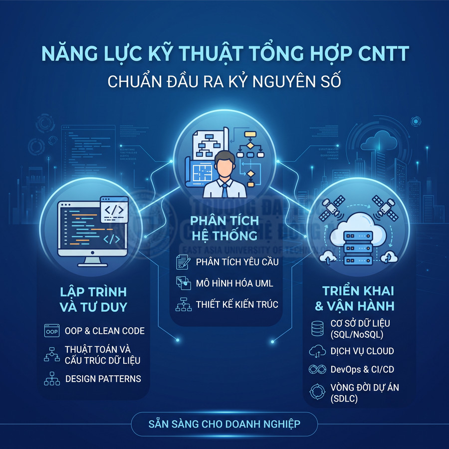 Infographic năng lực kỹ thuật CNTT với các mảng lập trình, phân tích hệ thống, triển khai và vận hành cho doanh nghiệp