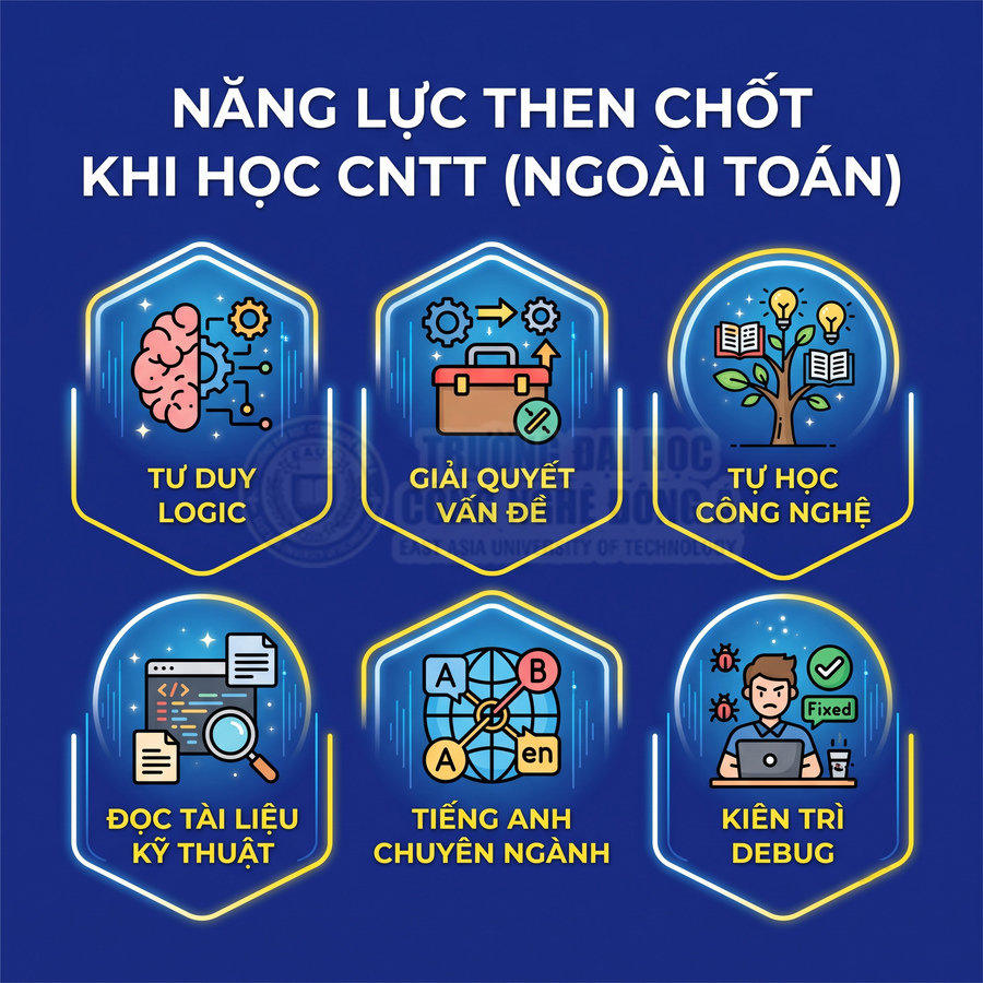 Năng lực then chốt khi học CNTT gồm tư duy logic, giải quyết vấn đề, tự học, đọc tài liệu, tiếng Anh và kiên trì debug