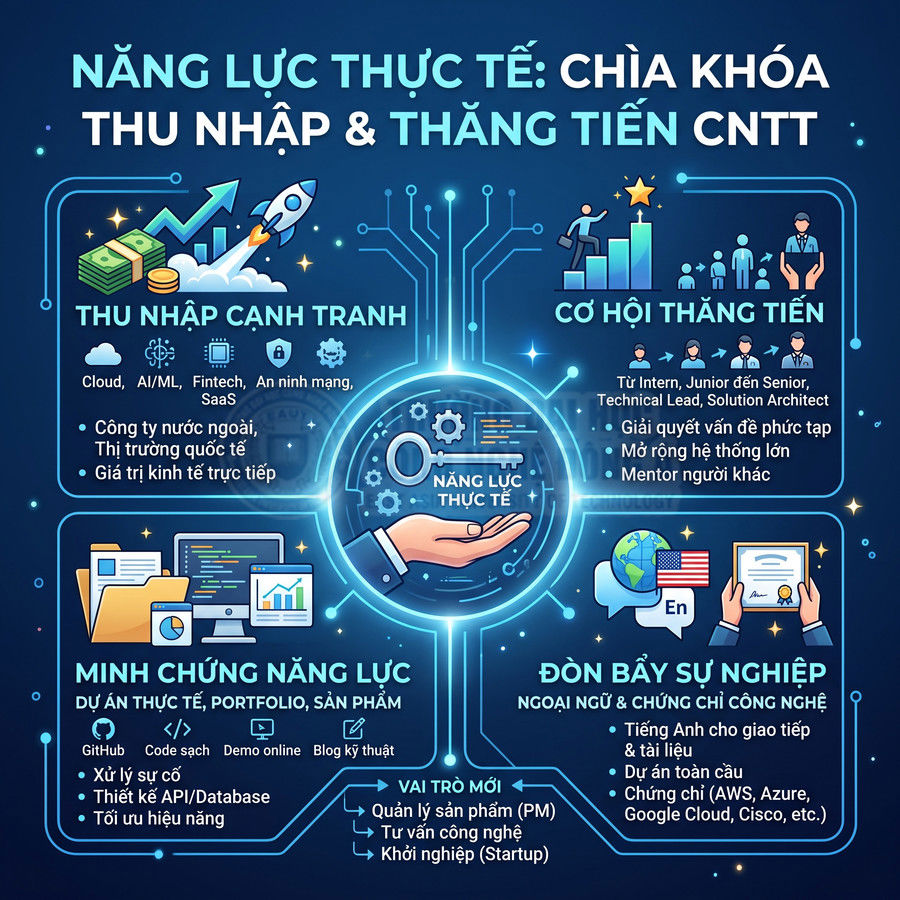 Infographic năng lực thực tế trong ngành CNTT với thu nhập cạnh tranh, cơ hội thăng tiến và chứng chỉ công nghệ