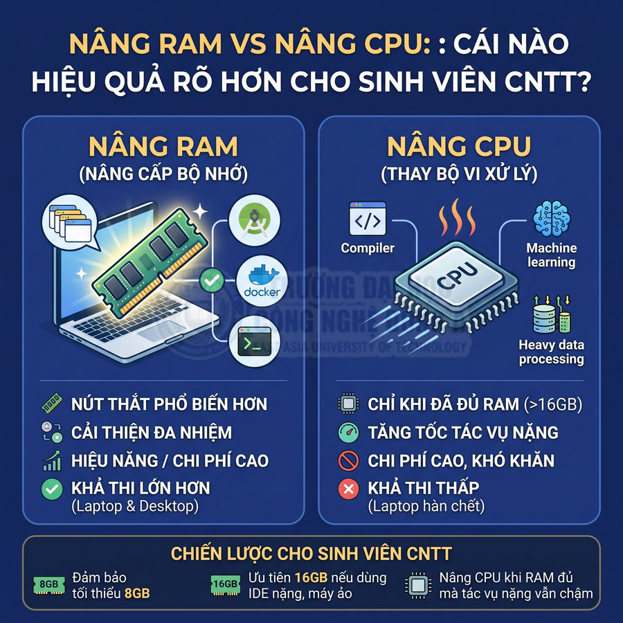 Infographic so sánh nâng cấp RAM và CPU cho laptop, tư vấn dung lượng RAM phù hợp cho sinh viên CNTT