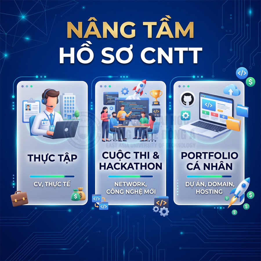Poster nâng tầm hồ sơ CNTT với thực tập, cuộc thi hackathon và xây dựng portfolio cá nhân cho sinh viên IT