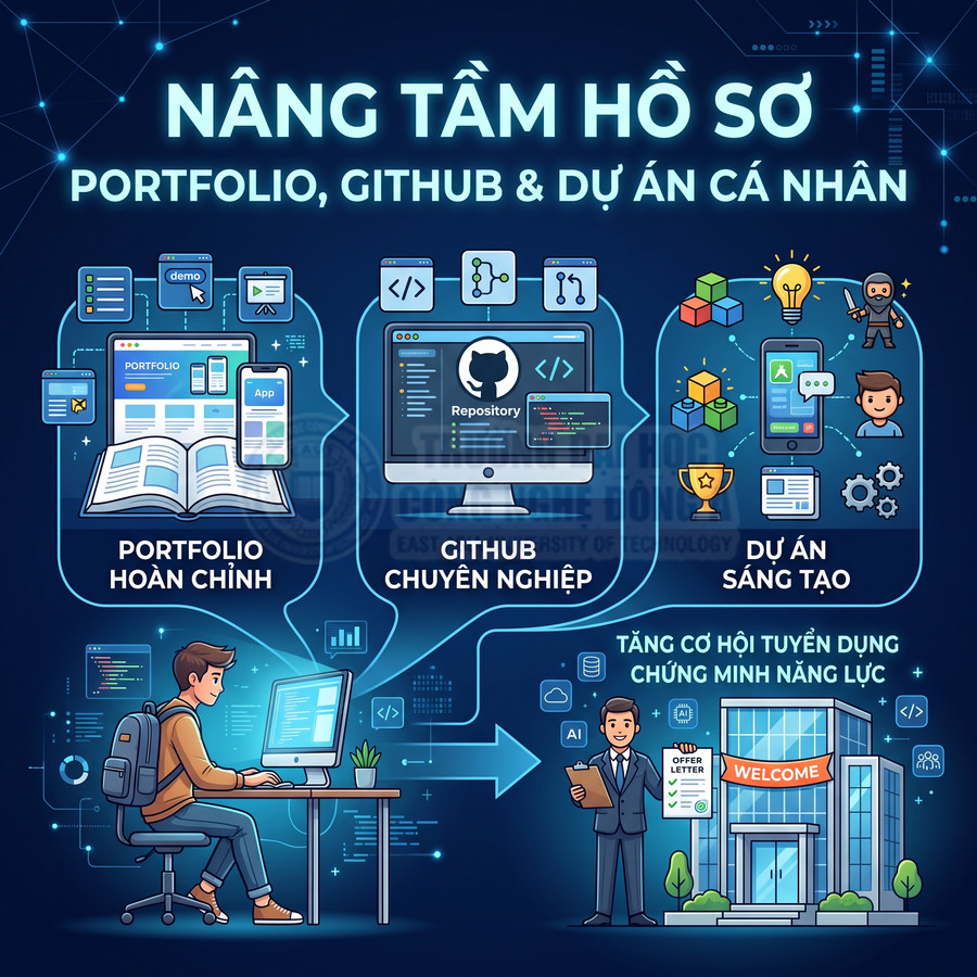 Thiết kế minh họa lợi ích xây dựng portfolio, GitHub và dự án cá nhân để tăng cơ hội tuyển dụng ngành công nghệ
