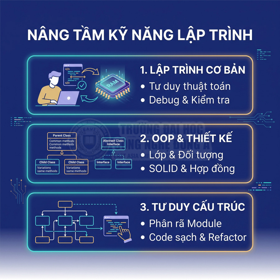 Poster khóa học nâng tầm kỹ năng lập trình với lập trình cơ bản, OOP thiết kế và tư duy cấu trúc