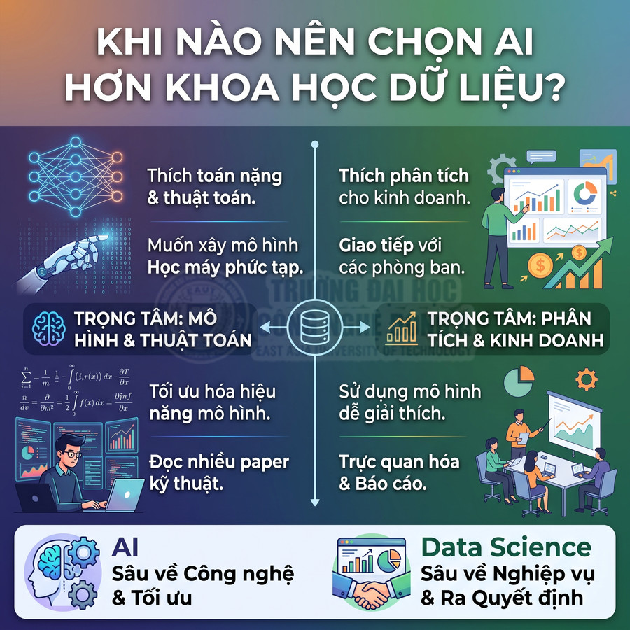 Infographic so sánh AI và Data Science, nêu khác biệt về toán, mô hình, phân tích kinh doanh và kỹ năng ra quyết định